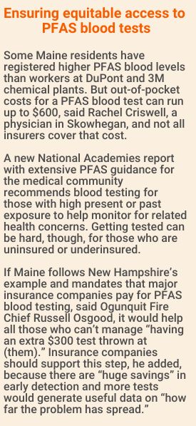 Ensuring equitable access to PFAS blood tests. Some Maine residents have registered higher PFAS blood levels than workers at DuPont and 3M chemical plants. But out-of-pocket costs for a PFAS blood test can run up to $600, said Rachel Criswell, a physician in Skowhegan, and not all insurers cover that cost. 

A new National Academies report with extensive PFAS guidance for the medical community recommends blood testing for those with high present or past exposure to help monitor for related health concerns. Getting tested can be hard, though, for those who are uninsured or underinsured.

If Maine follows New Hampshire’s example and mandates that major insurance companies pay for PFAS blood testing, said Ogunquit Fire Chief Russell Osgood, it would help all those who can’t manage “having an extra $300 test thrown at (them).” Insurance companies should support this step, he added, because there are “huge savings” in early detection and more tests would generate useful data on “how far the problem has spread.” 