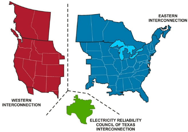 A map showing the split of major electric grids in North America.