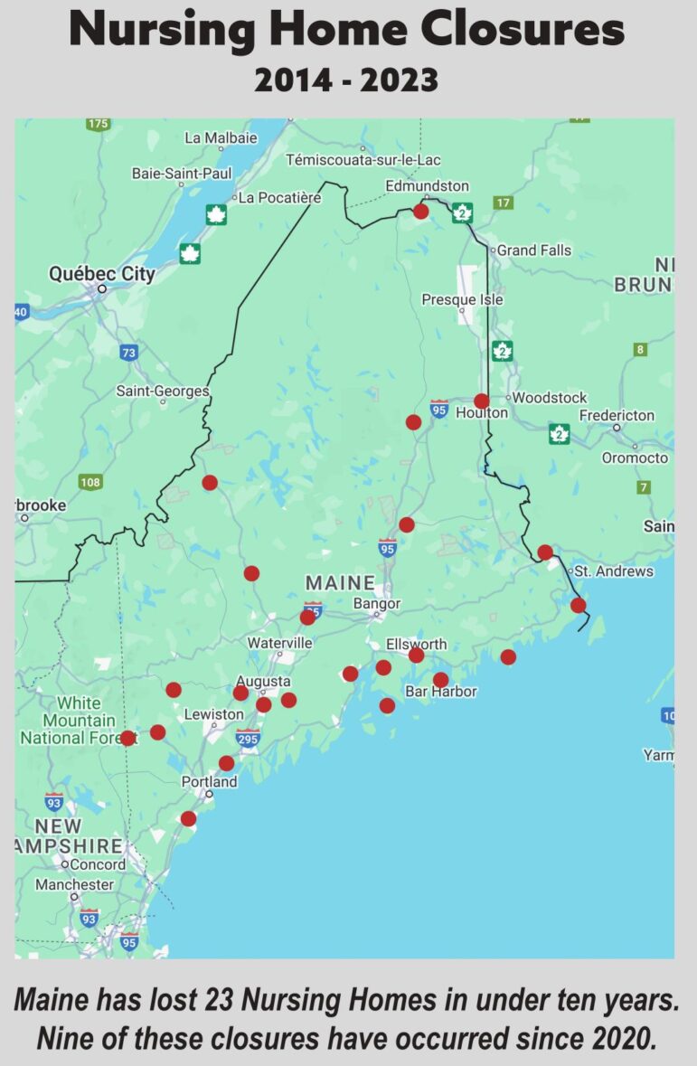 A map showing the locations of the 23 nursing homes in Maine that closed between 2014 and 2023.
