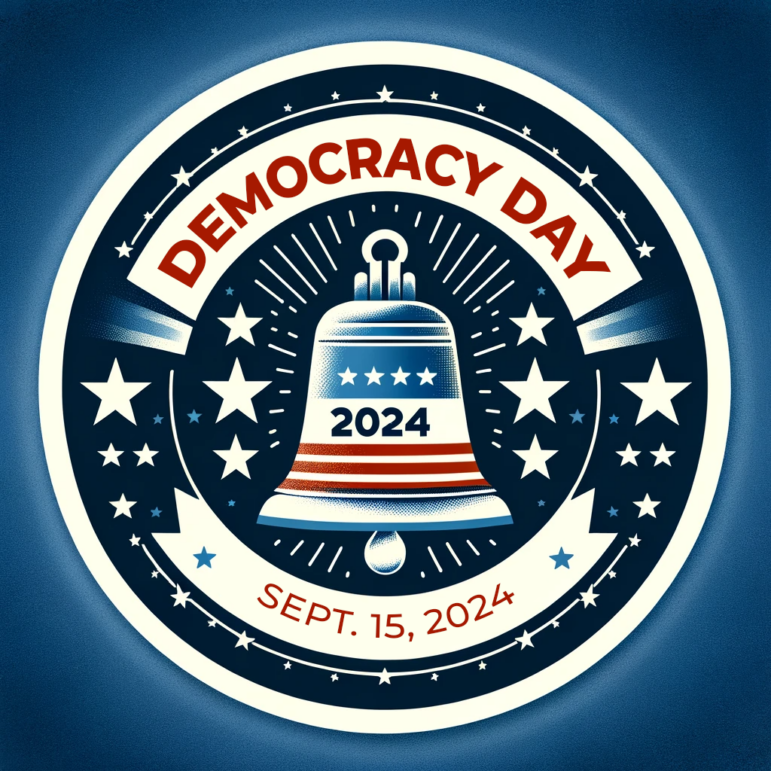 A logo for Democracy Day on September 15, 2024 that includes stars and a bell.