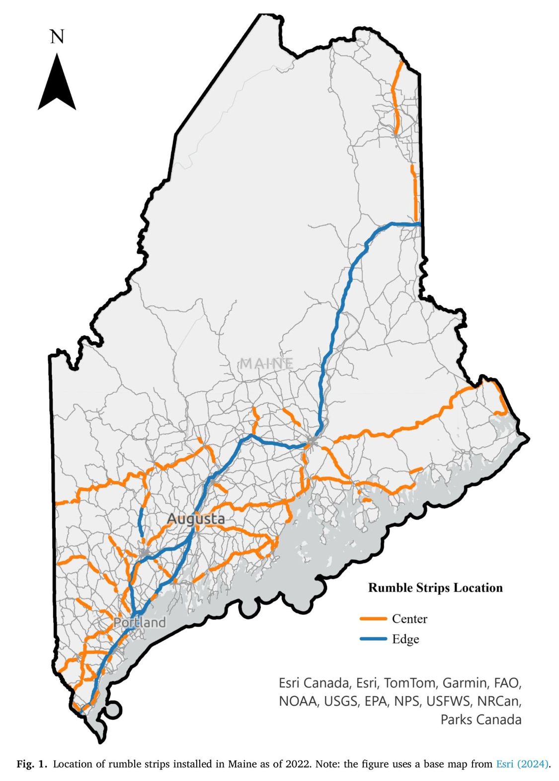 map showing locations of rumble strips in maine.
