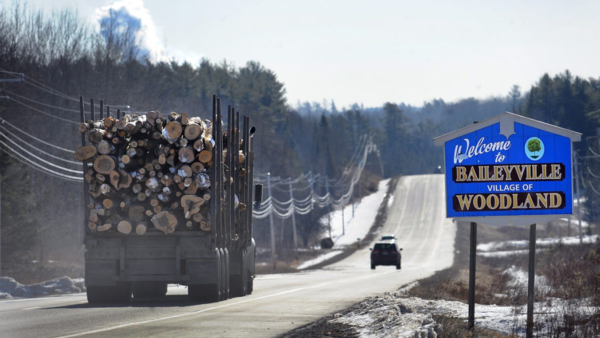 A logging truck passes a blue sign welcoming travelers to the Town of Baileyville and Village of Woodland.