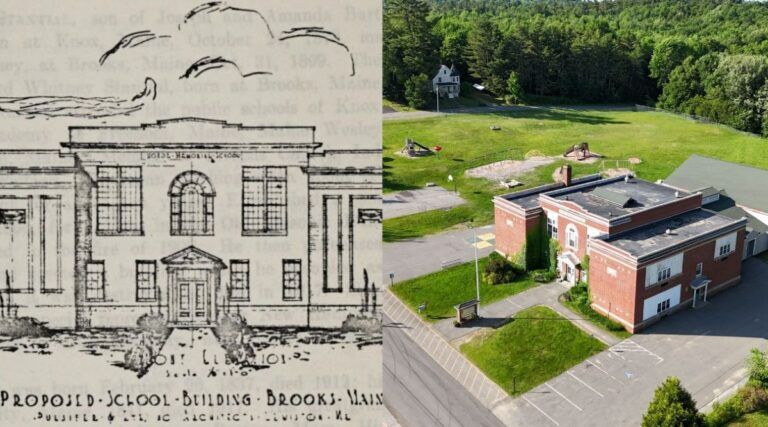 composite showing a drawing of a school and an image of the school