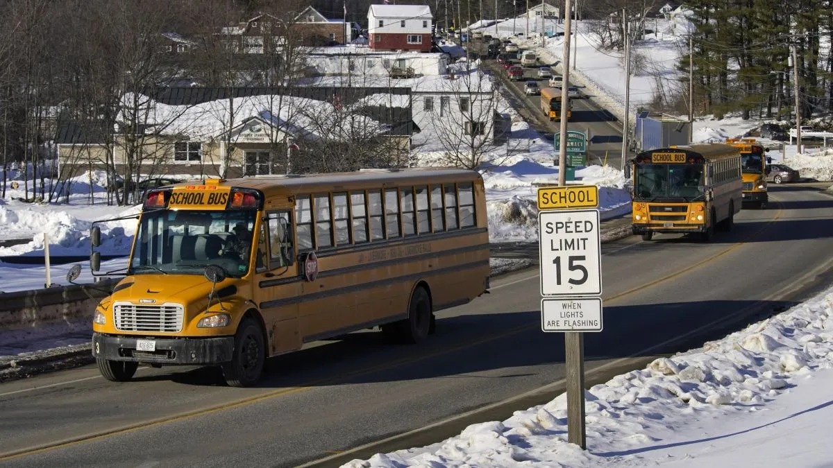 school buses driving down a street.