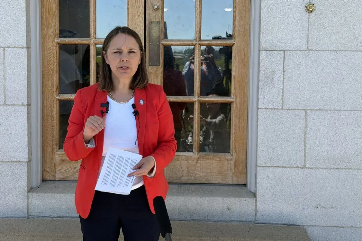 shenna bellows speaks to reporters