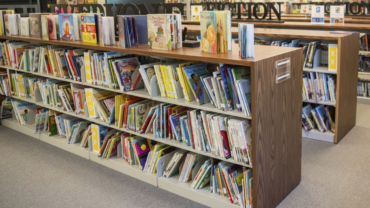 books line the shelves of a library.