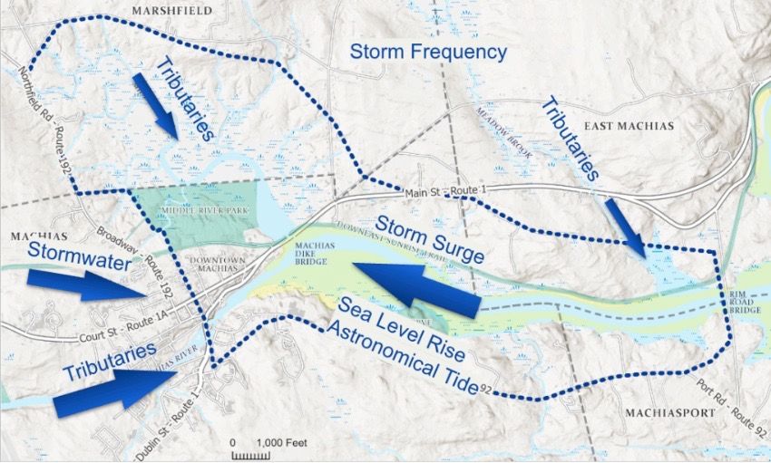 A map illustrates how water is flooding downtown Machias from all direction.