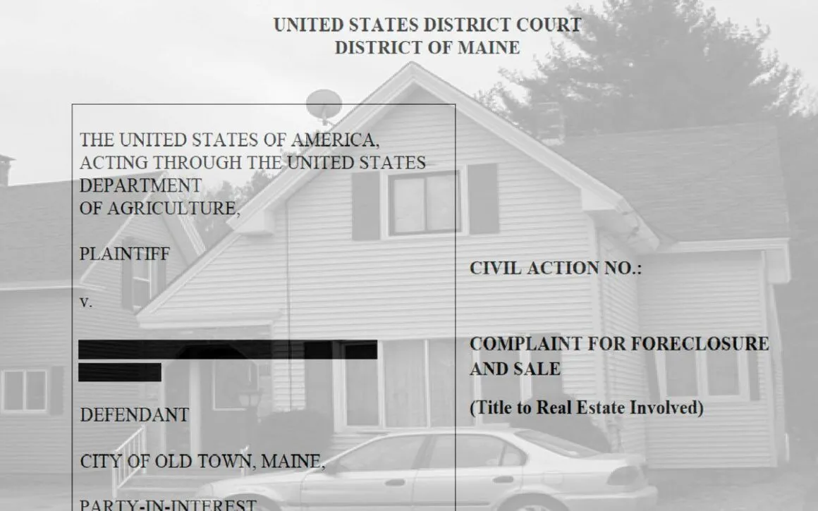 the cover page of a court filing overlayed on an image of a home.