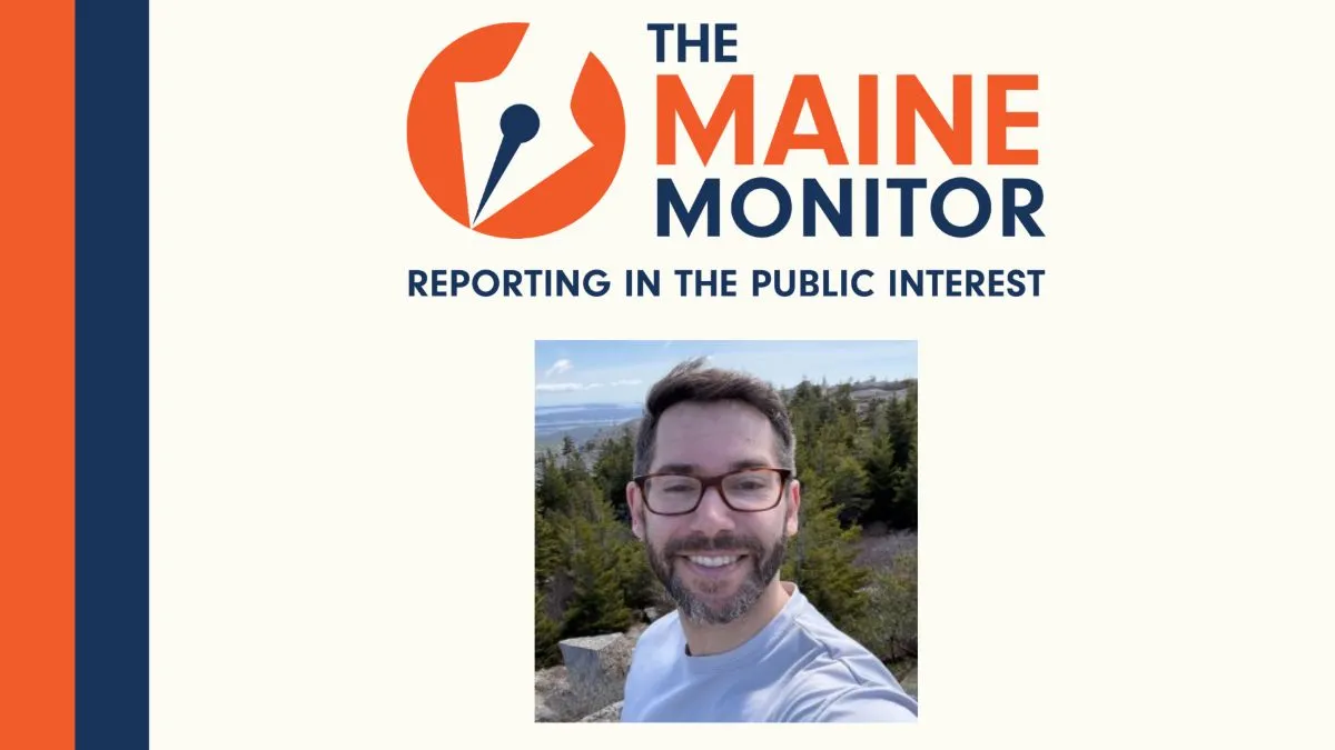 logo for the maine monitor and headshot of matt junker on a hiring announcement graphic