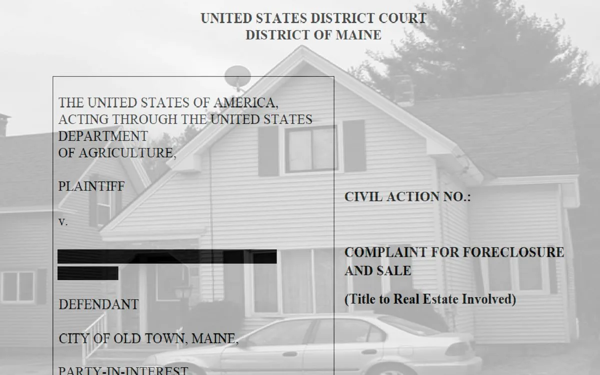the cover page of a court filing overlayed on an image of a home.