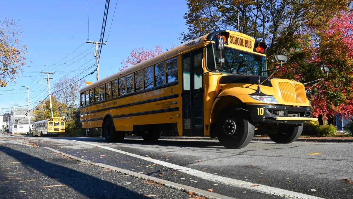 a school bus drives down the street.
