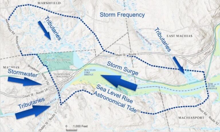 A map illustrates how water is flooding downtown Machias from all direction.