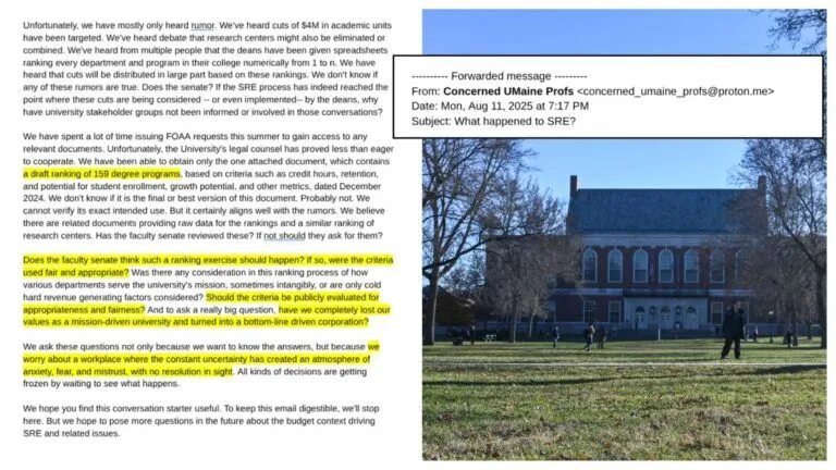 portions of the email from the concerned professors group are displayed next to an image from the university of maine.