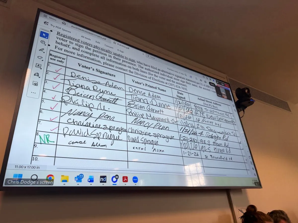A petition form with signatures is shown on a screen.
