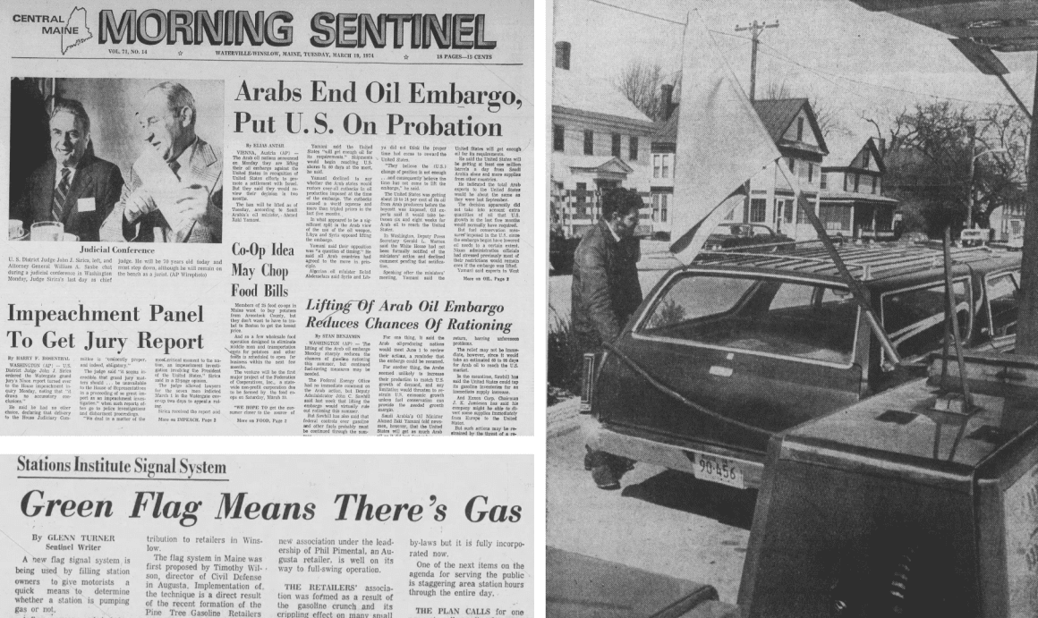 A composite of Morning Sentinel headlines about the oil embargo and a photo of a man pumping gas into his car in the 1970s.