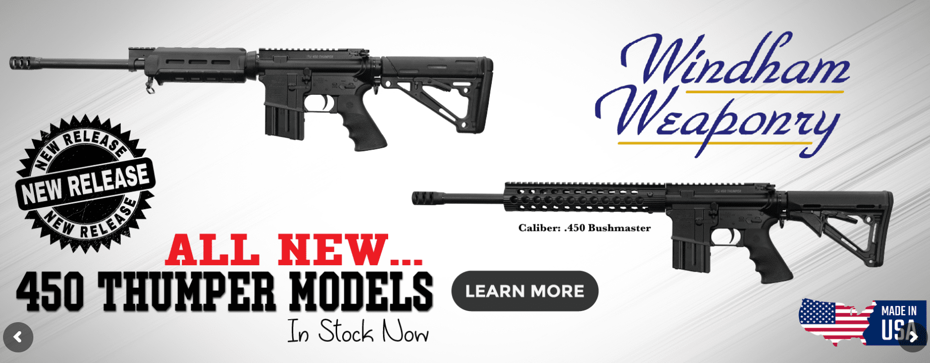 A screenshot of the website for Windham Weaponry that touts its new .450 caliber thumper model bushmasters.