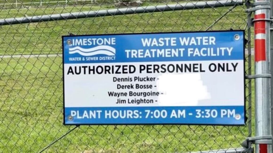 A sign at the entrance to the Limestone Waste Water Treatment Facility that denotes the area is for authorized personnel only.