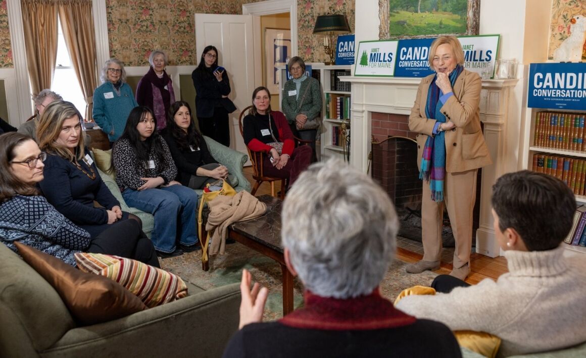 Janet Mills speaks to a group of supporters.
