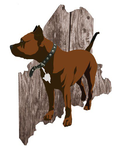 An illustration of a brown dog standing at attention in front of a wooden cutout of the state of Maine