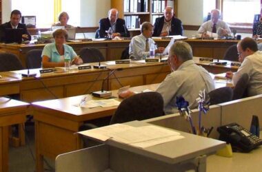 Pension system director Sandy Matheson (facing back-to) speaks to a group of lawmakers on a committee.