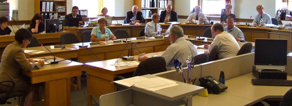 Pension system director Sandy Matheson (facing back-to) speaks to a group of lawmakers on a committee.