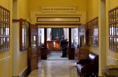 The entrance to the Maine House of Representatives chamber at the Maine State House.