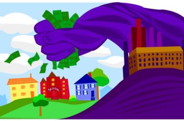 illustration of a purple wave with an arm holding a fist full of dollar bills above homes and a school