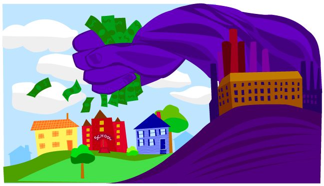 illustration of a purple wave with an arm holding a fist full of dollar bills above homes and a school