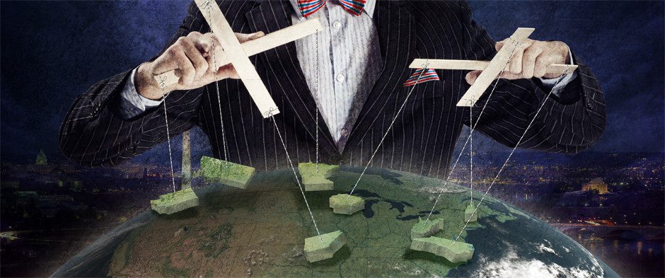 illustration showing a puppet master picking up the pieces of states from a globe