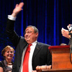 Gov. Paul Lepage waves to the crowd after being sworn in as Maine's governor on Jan. 5, 2011 