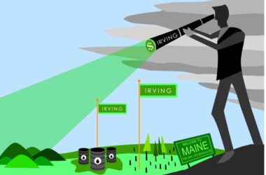 illustration showing a man holding a telescope called Irving looking across the green lands of Maine and seeing dollar signs