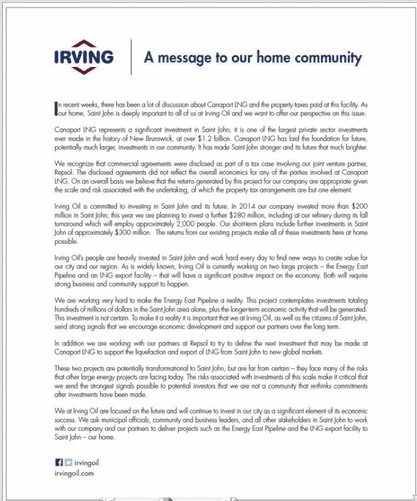 Ad in the in the J.D. Irving-owned Telegraph-Journal