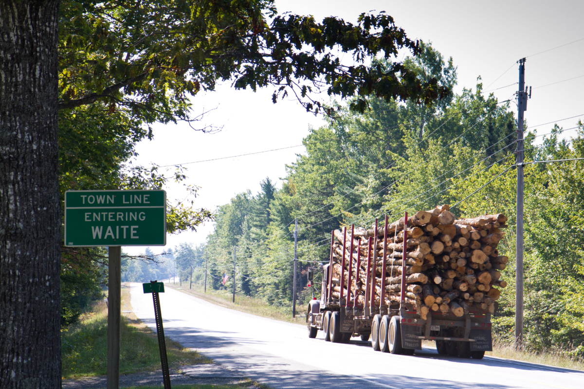 A logging truck crosses the Waite town line.