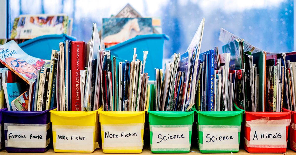 books sorted in bins by subject in a classroom