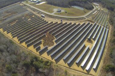 aerial view of solar panels in a field