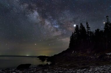 a coastal island at night under the stars