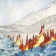 illustration of rising water and fire overtaking land