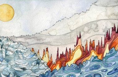 illustration of rising water and fire overtaking land