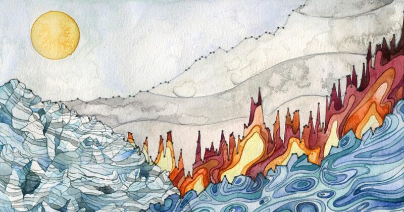illustration of rising water and fire overtaking land