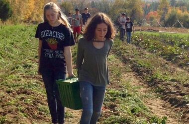 students walking through a garden