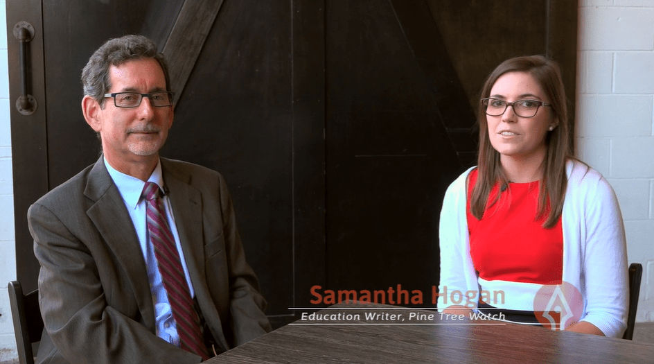 A screenshot of a video interview between Washington Post editor Alan Sipress and Pine Tree Watch education reporter Samantha Hogan