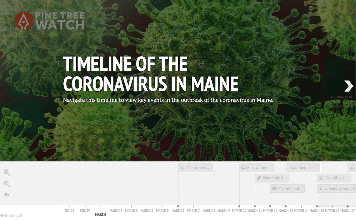 graphic that reads timeline of the coronavirus in maine, navigate this timeline to view key events in the outbreak of the coronavirus in maine