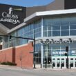 The entrance to the Cross Insurance Arena is seen from across the street.