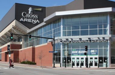 The entrance to the Cross Insurance Arena is seen from across the street.