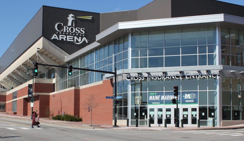 The entrance to the Cross Insurance Arena is seen from across the street.