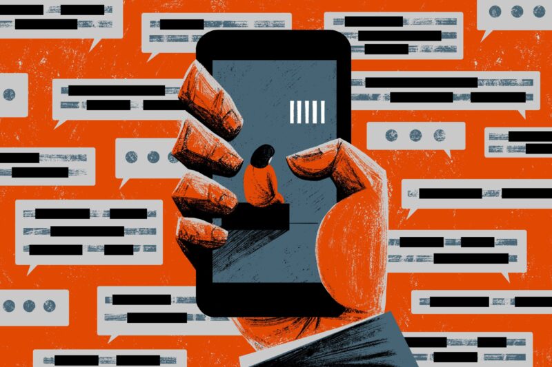 an illustration of a hand holding a phone that depicts a female defendant sitting in a jail cell