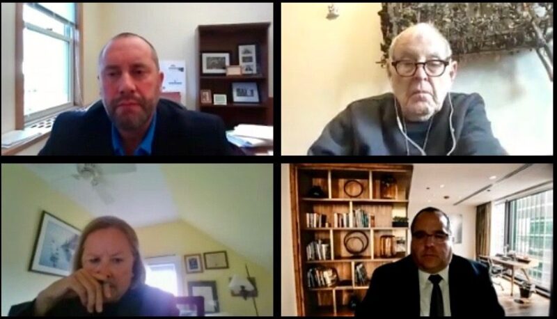 A screenshot of a virtual committee meeting for the Maine Commission for Indigent Legal Services. Four members are visible in this screenshot: chairman Josh Tardy and commissioners Bob Cummins, Mary Zmigrodski and Bob LeBrasseur.