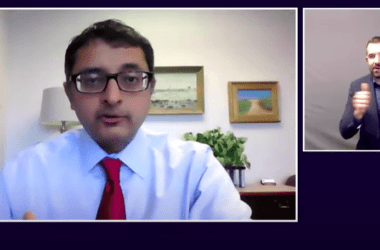 A screenshot of a virtual press briefing by Maine CDC Director Dr. Nirav Shah with an American Sign Language interpreter also present on the screen.