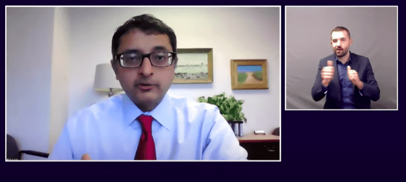 A screenshot of a virtual press briefing by Maine CDC Director Dr. Nirav Shah with an American Sign Language interpreter also present on the screen.
