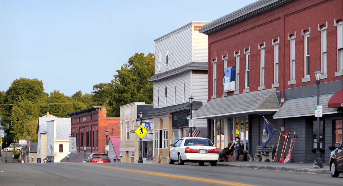 Businesses line the side of a street in Madison, Maine, a town in Somerset County.